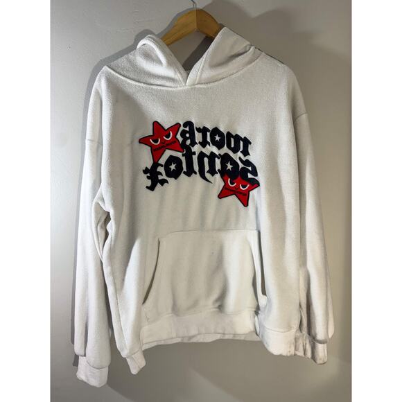 Y2K White Fleece Pullover Hoodie | Gothic Script & Angry Star Appliqué (Size M) - Picture 1 of 12